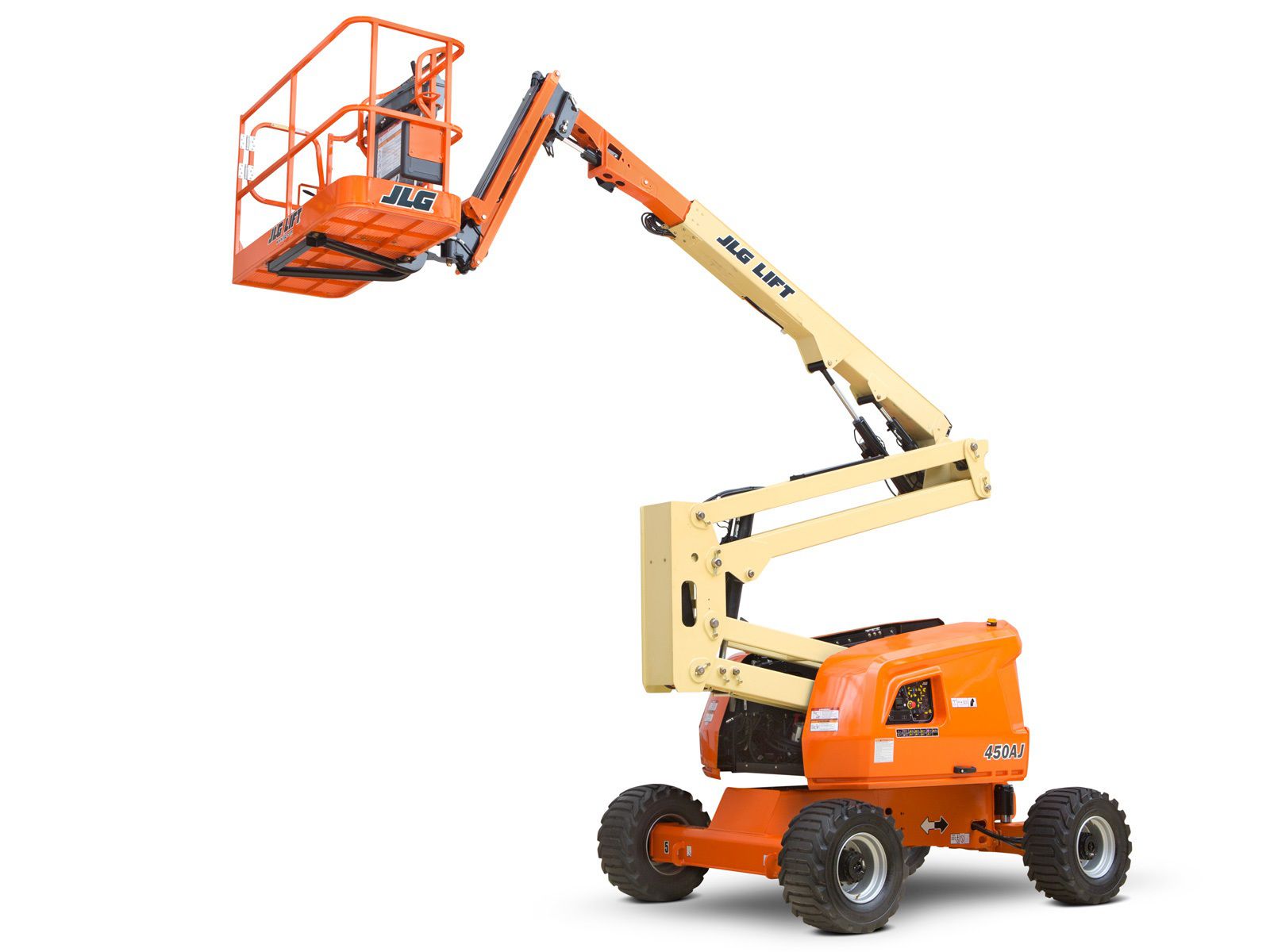 450 AJ articulated boom lift on white background