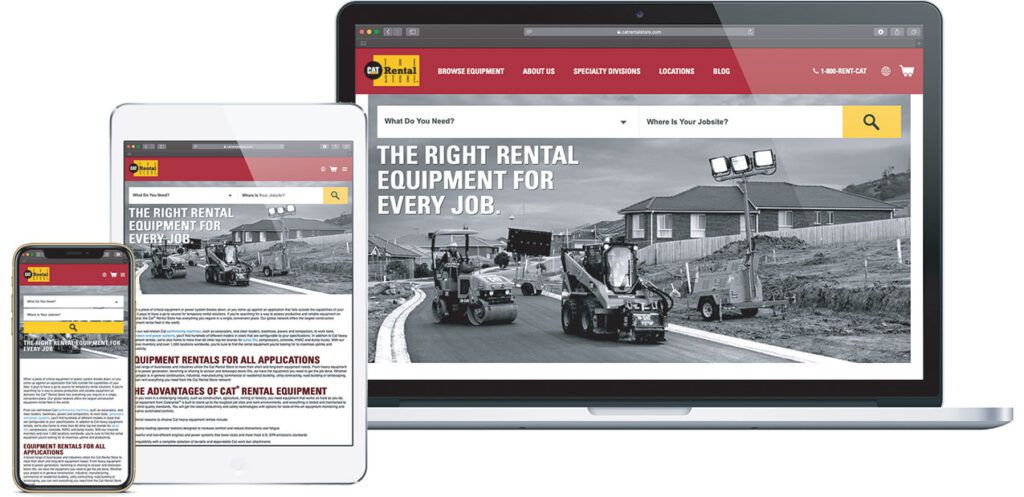 A smartphone, tablet, and laptop screen displaying the Cat Rental Store website