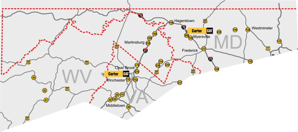 A map of some of Carter Cat's locations in Northwest Virginia