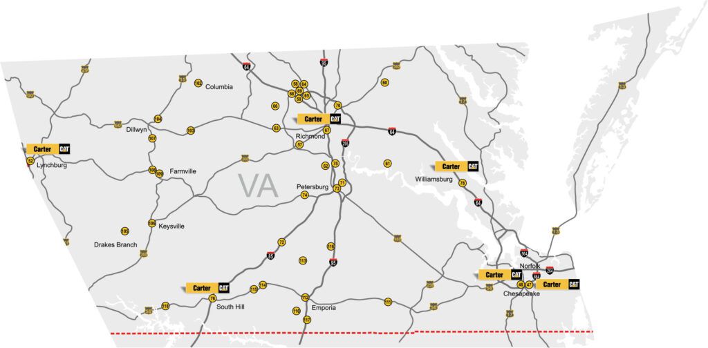 A map of some of Carter Cat's locations in Virginia