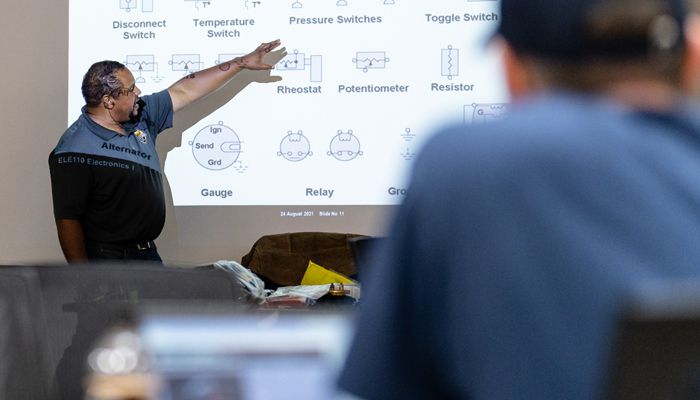 A Carter Cat employee teaching in front of the room and pointing at a projector while a student is watching and learning