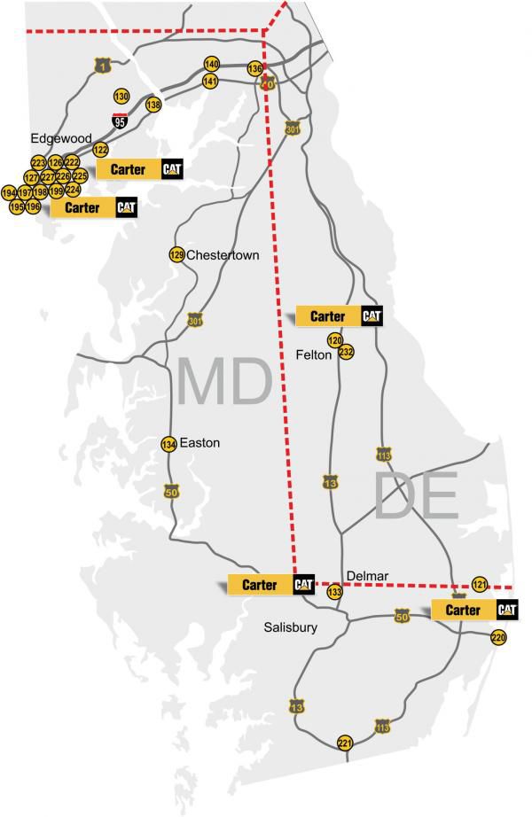 A map of some of Carter Cat's locations in Maryland and Delaware